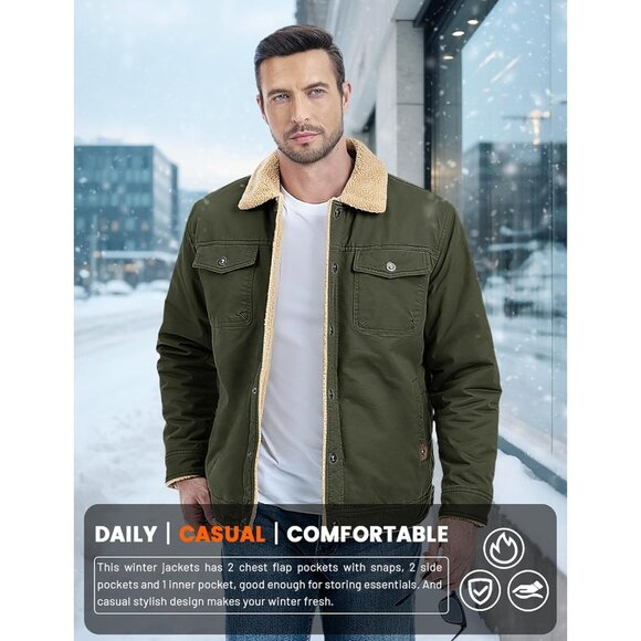 Mens Green AI Winter Sherpa Lined Jacket Warm Trucker Coat Multi Pocket - Picture 4 of 7